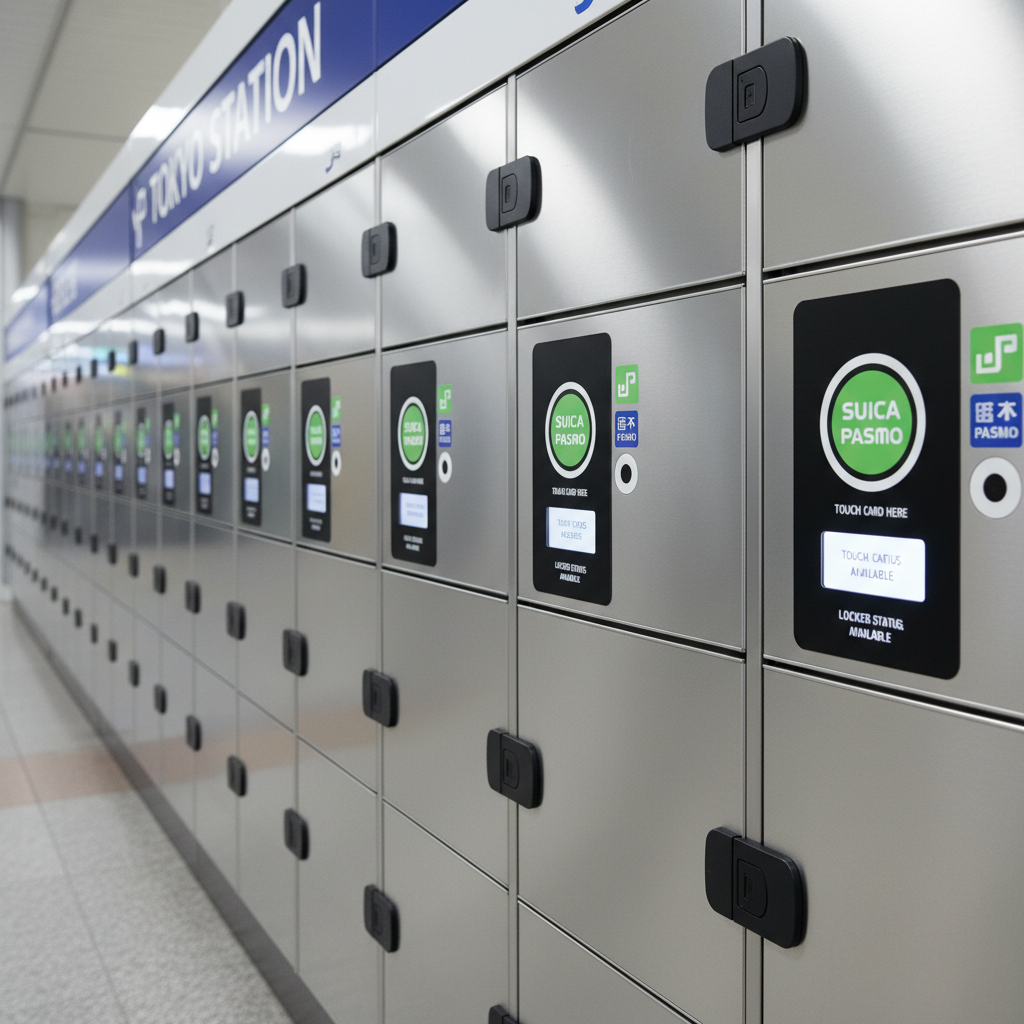 Modern coin lockers at Tokyo Station with IC card payment scanners