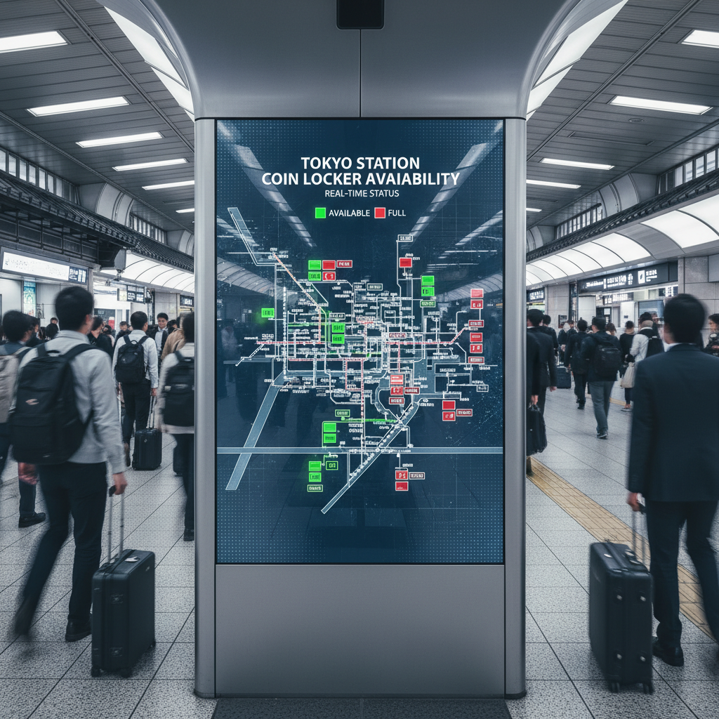 Digital map displaying Tokyo Station coin locker availability status